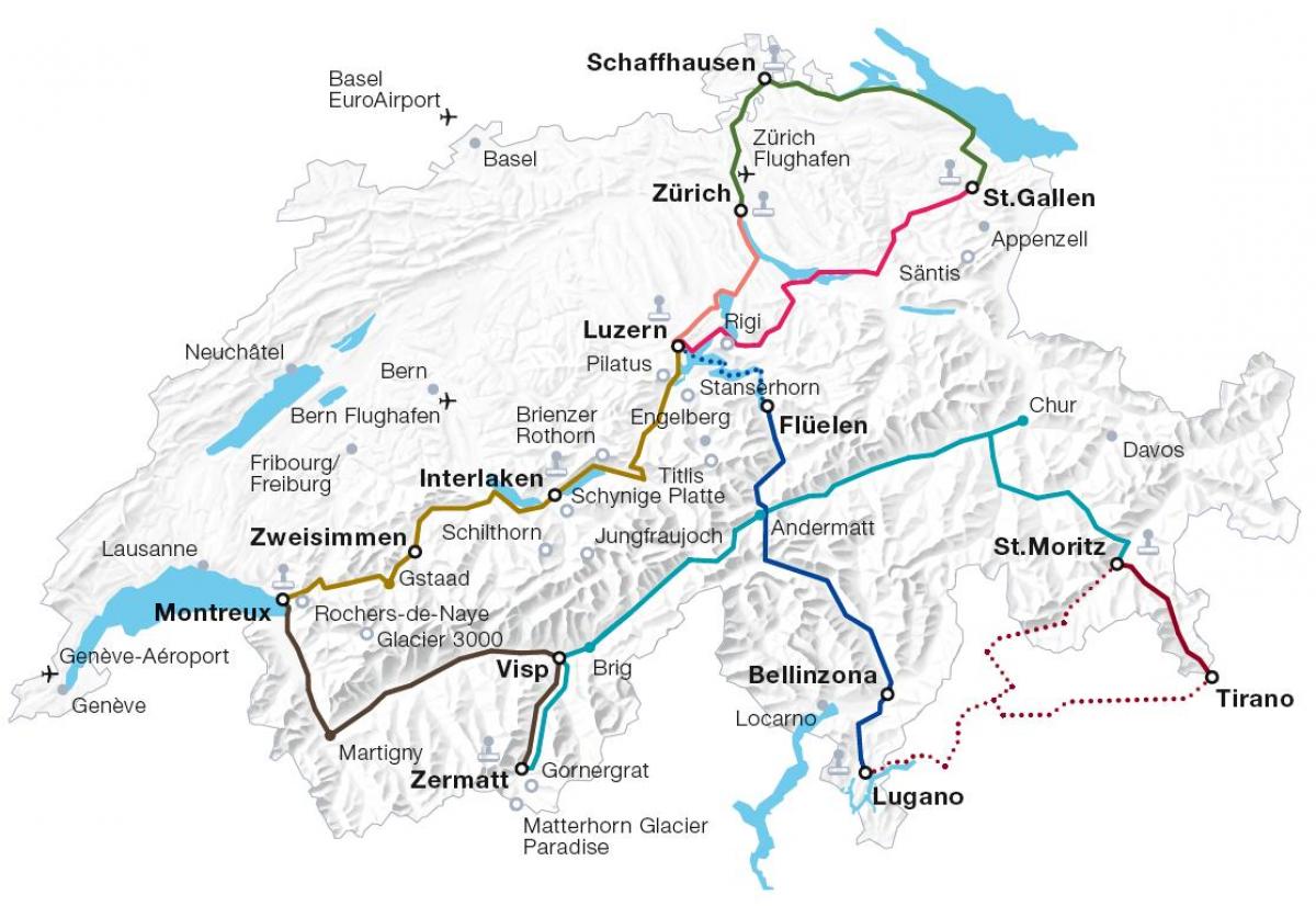 ελβετία σιδηροδρομικό χάρτη της διαδρομής