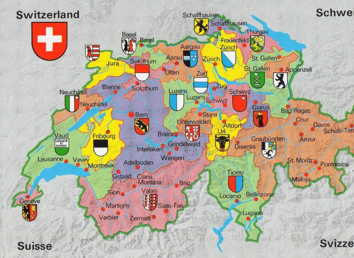 χάρτης της ελβετίας με τα τουριστικά αξιοθέατα
